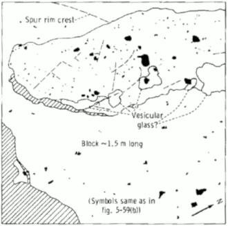 NASA Sketch map of surface of breccia block, showing light clasts in and around block, fractures and glass coatings on block.