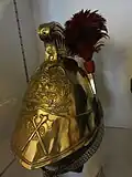 An early 19th century French fire commander's helmet, on display in Basel