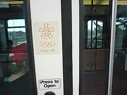 Calgary Transit CTrain U2 Duewag door emblazoned with logo of the 1988 Winter Olympics.