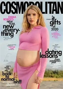 Emma Roberts pregnant, dressed in a pink top and skirt from Frankies Bikinis