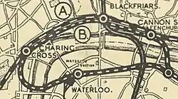 A map with different dashed lines marking routes of proposed railways. Two of which are labelled "A" and "B".