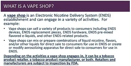 The FDA explains what a vape shop is, among other information.