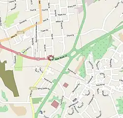 A view from aerial of the community of Flemington with Route 12 in pink, County Route 523 in tan and U.S. 202/NJ 31 in green