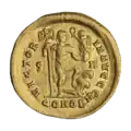 Coin of Theodosius I (393–395), with a vexillum displaying a crux decussata