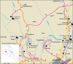 Road map showing the location of Tegher Monastery and the surrounding region.