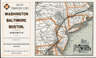 An advertisement with a map of the northeastern and mid-Atlantic states centered on New York City. A rail route is marked through Boston, Northampton, Boston Corners, Poughkeepsie, Maybrook, Easton, Philadelphia, Baltimore, and Washington.