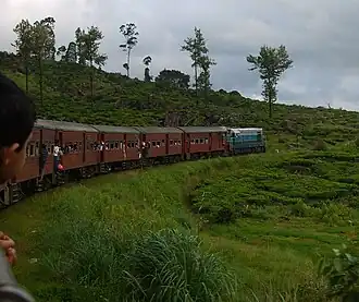 An express train, the Udarata Menike (M2 locomotives), runs through the scenic Sri Lankan hill country