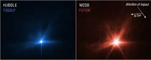 Images of the impact captured by the Hubble (left) and Webb space telescopes (right).[89]