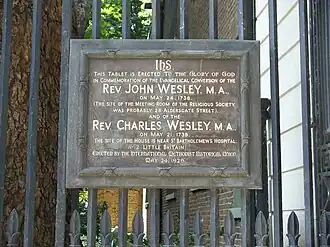 Plaque at Postman's Park, London, commemorating John and Charles Wesley