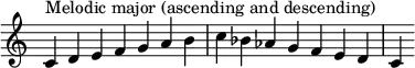  {
\override Score.TimeSignature #'stencil = ##f
\relative c' { 
  \clef treble \time 7/4
  c4^\markup { Melodic major (ascending and descending) }  d e f g a b  c bes aes g f e d c
} }
